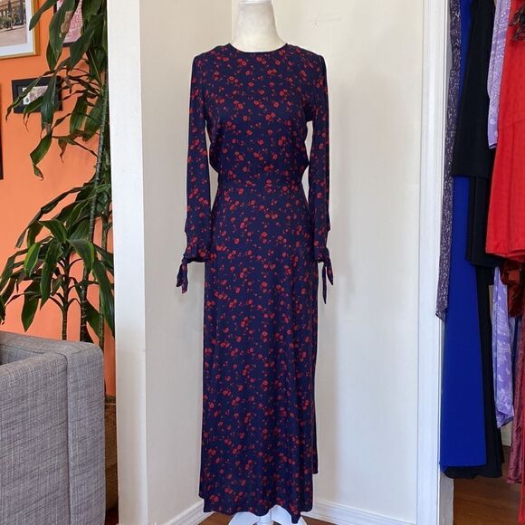 Reformation Navy and Red Zelda Floral Midi Dress w/ Thigh Split Size 2 Sold Out - Picture 5 of 16